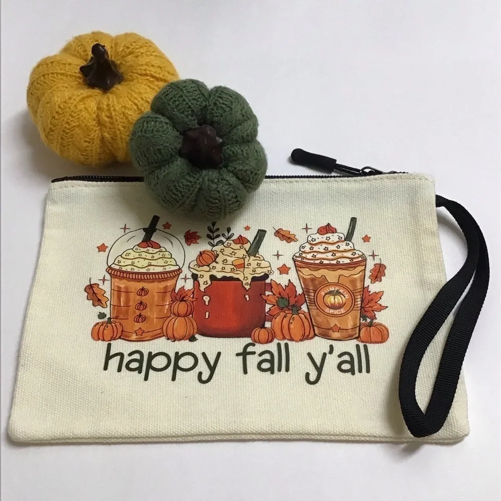 Fall Pumpkin Spice Latte Coffee Cosmetic Bag Canvas Zip Happy Fall Y’all NEW